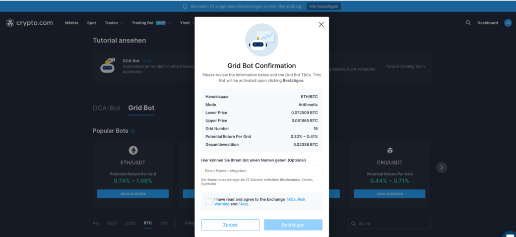 Die Handelsparameter für deinen Grid Trading Bot festlegen